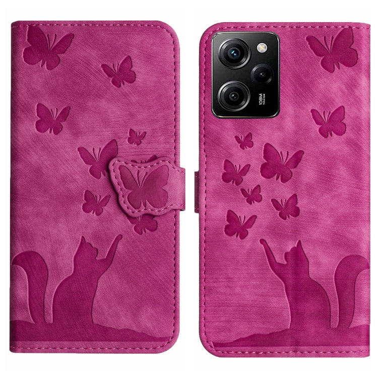 Pink flip leather phone case with embossed butterfly and cat pattern, magnetic flap