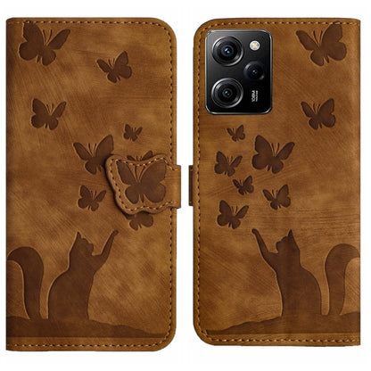 Brown embossed butterfly and cat silhouette flip leather phone case with magnetic closure