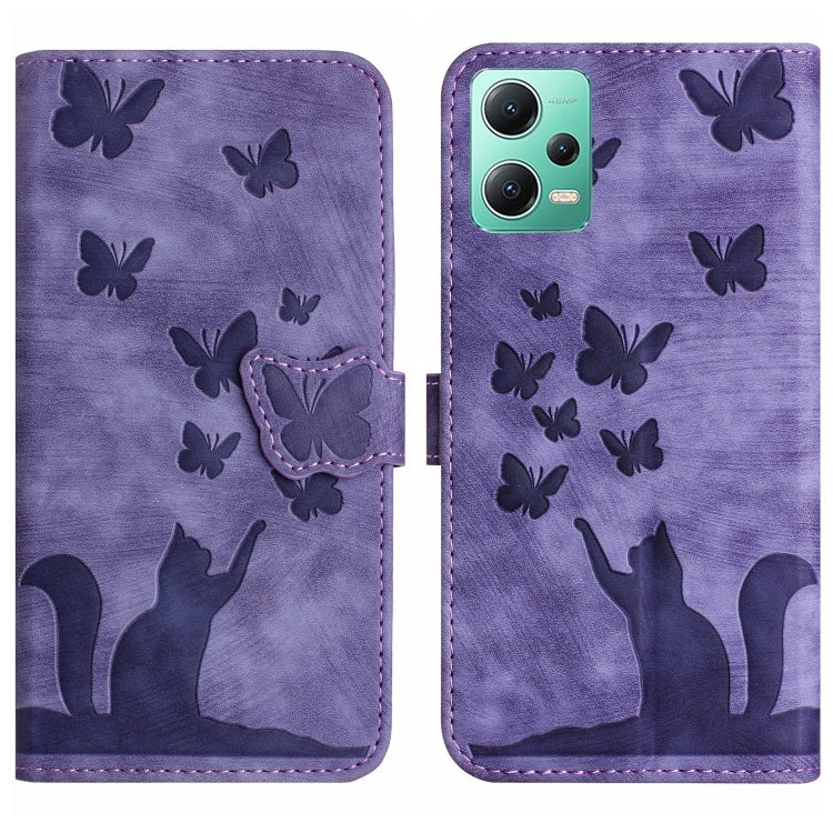 Purple embossed butterfly and cat silhouette flip leather phone case with magnetic closure