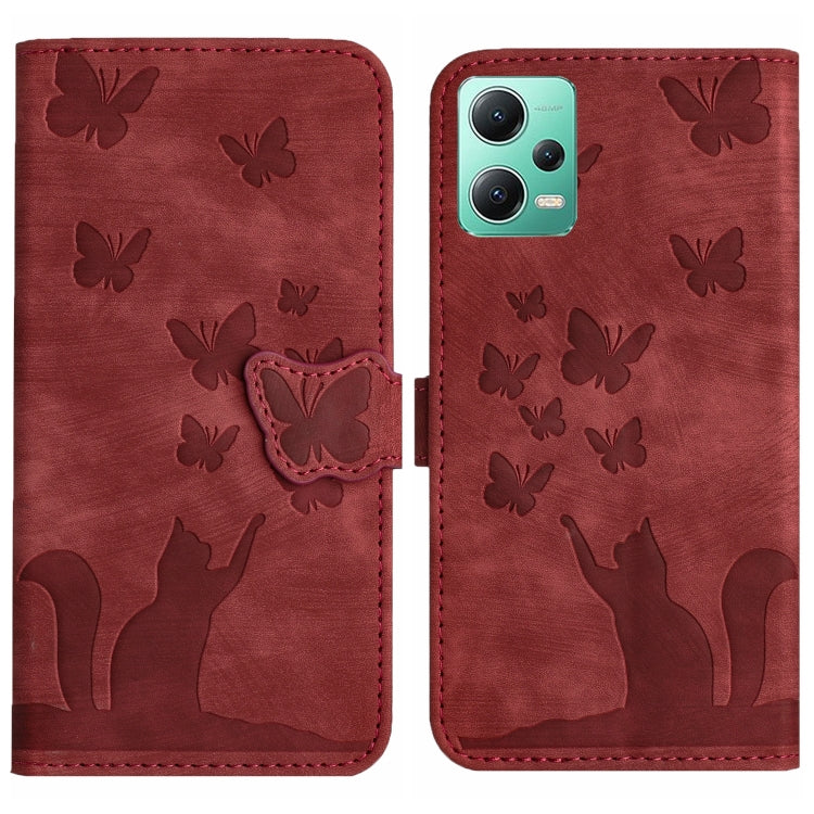 Red embossed butterfly and cat silhouette flip leather phone case with magnetic closure