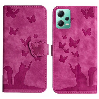 Pink embossed butterfly and cat silhouette flip leather phone case with magnetic closure