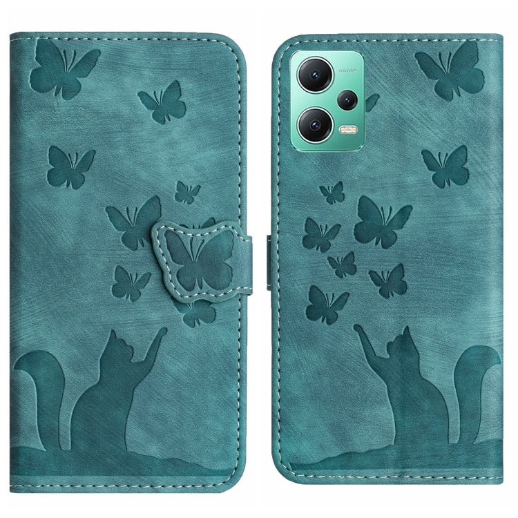 Teal embossed butterfly and cat silhouette flip leather phone case with camera cutout