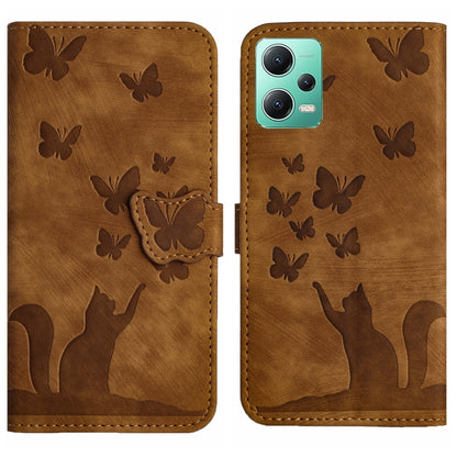 Brown embossed butterfly and cat silhouette flip leather phone case with camera cutout