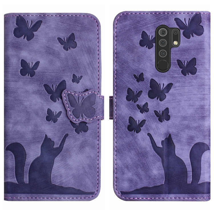 Purple leather flip phone case with embossed butterflies and cat silhouette; back camera cutout