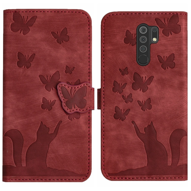 Red leather flip phone case with embossed butterflies and cat silhouette; back camera cutout