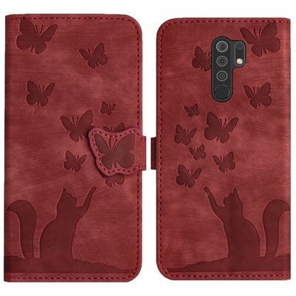 Red leather flip phone case with embossed butterflies and cat silhouette; back camera cutout