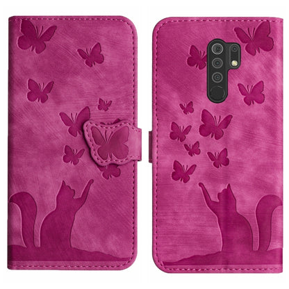 Pink leather flip phone case with embossed butterflies and cat silhouette; back camera cutout