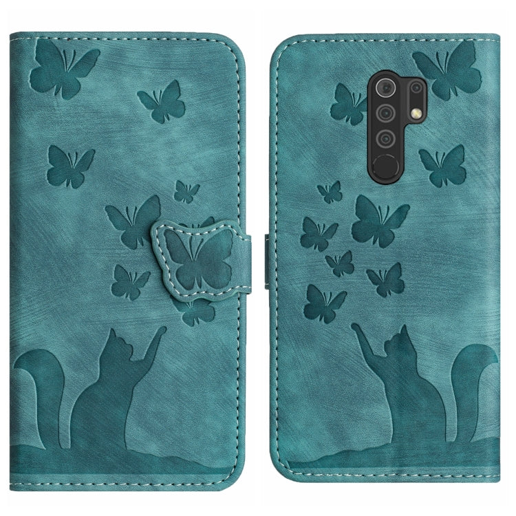 Teal leather flip phone case with embossed butterflies and cat silhouette; back camera cutout