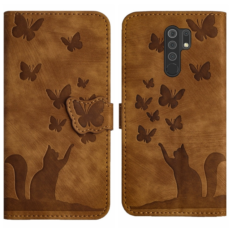 Brown leather wallet-style phone case, embossed butterflies and cat silhouette; flip front