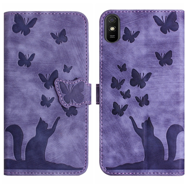 Purple butterfly and cat embossed flip leather phone case, front and back view