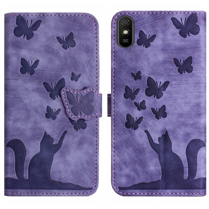 Purple butterfly and cat embossed flip leather phone case, front and back view