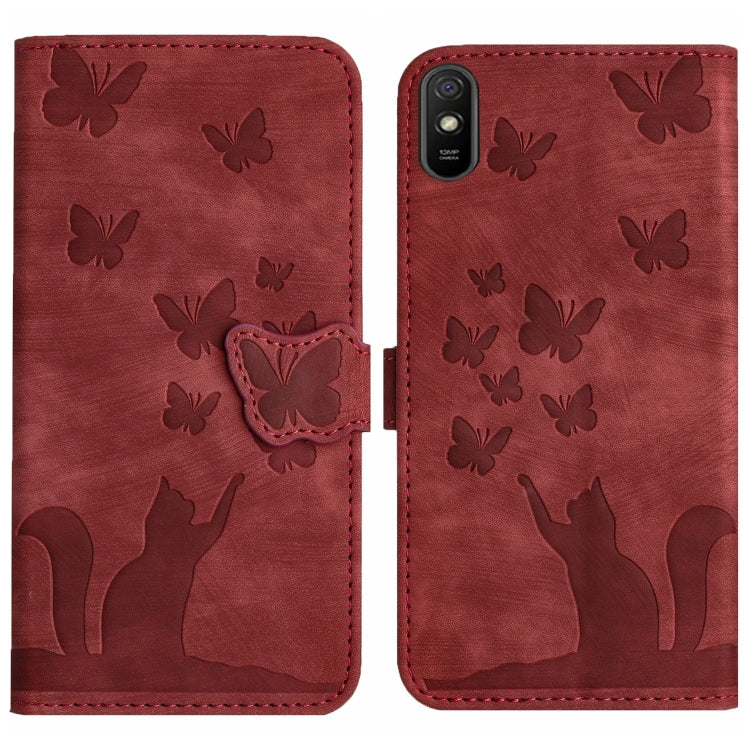 Red butterfly and cat embossed flip leather phone case, front and back view