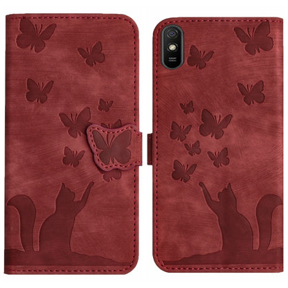 Red butterfly and cat embossed flip leather phone case, front and back view