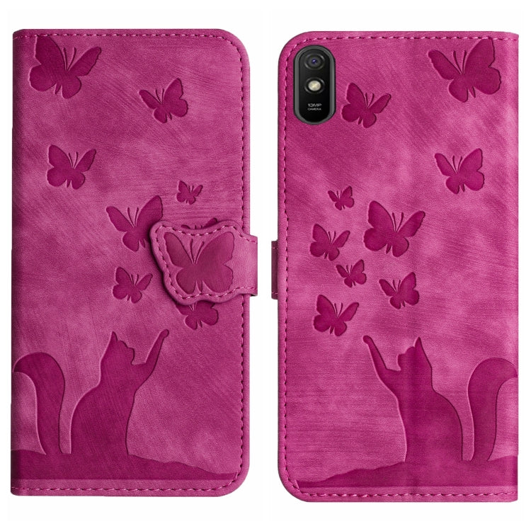Pink butterfly and cat embossed flip leather phone case, front and back view