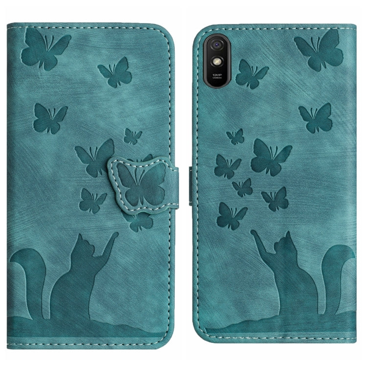 Teal butterfly and cat embossed flip leather phone case, front and back view