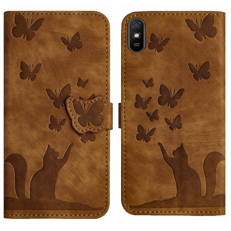 Brown leather flip phone case with embossed butterflies and cat silhouette; back camera cutout