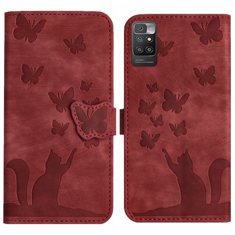 Red butterfly cat embossed flip leather phone case with card holder flap.