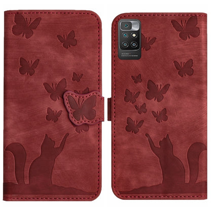 Red butterfly cat embossed flip leather phone case with card holder flap.