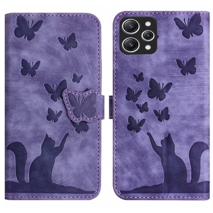 Purple butterfly and cat embossed flip leather phone case with side butterfly strap