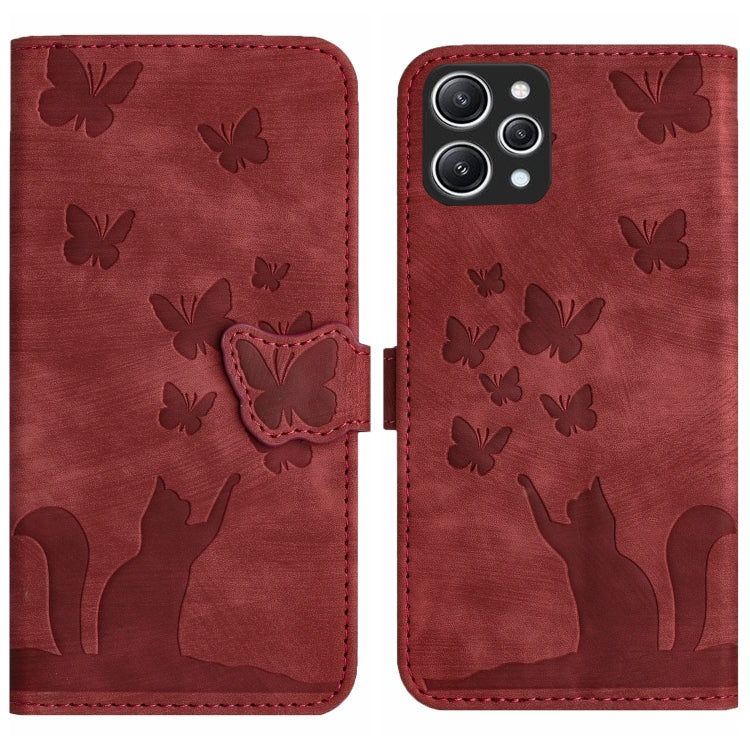 Red butterfly and cat embossed flip leather phone case with butterfly clasp strap