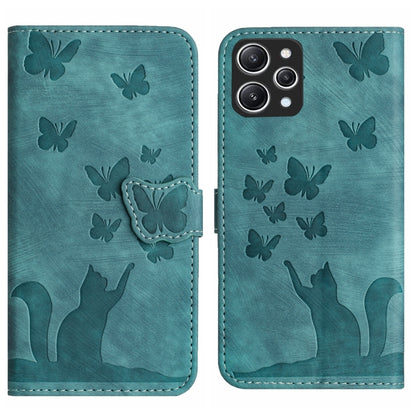 Teal butterfly and cat embossed flip leather phone case with butterfly side strap