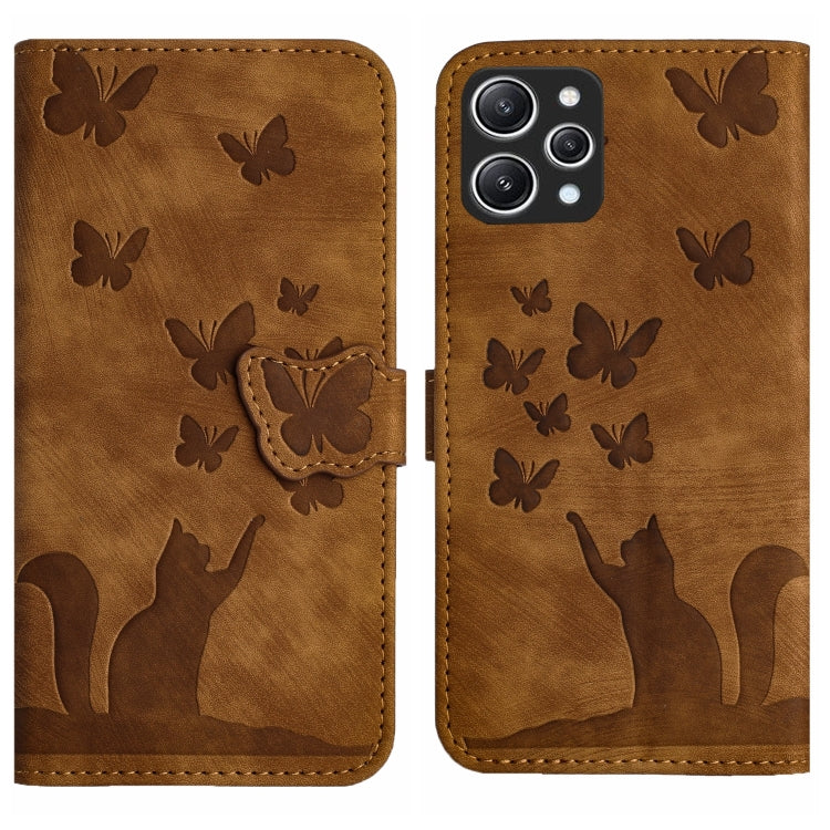 Brown butterfly and cat embossed flip leather phone case with butterfly clasp detail