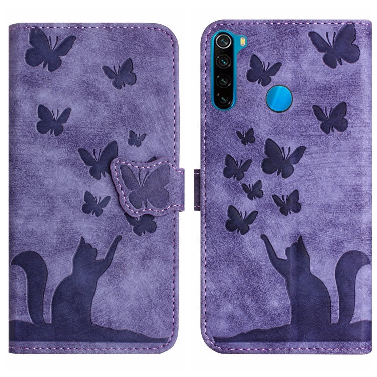 Purple butterfly and cat embossed flip leather phone case with magnetic flap.