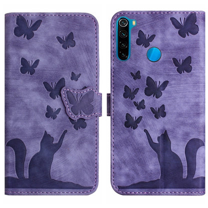 Purple butterfly and cat embossed flip leather phone case with magnetic flap.