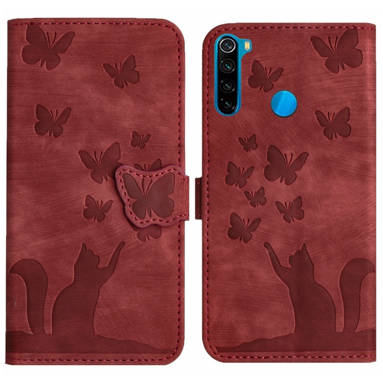 Red butterfly and cat embossed flip leather phone case with magnetic flap.