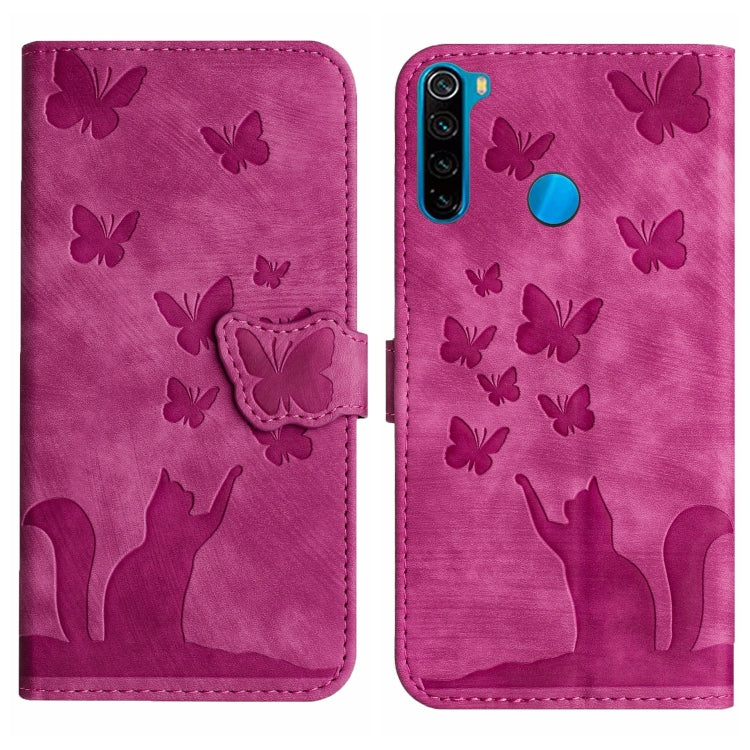 Pink butterfly and cat embossed flip leather phone case with magnetic flap.