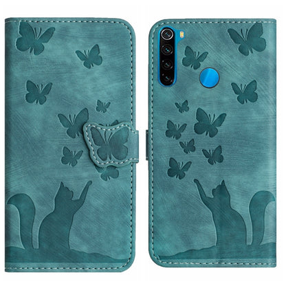 Teal butterfly and cat embossed flip leather phone case with magnetic flap.