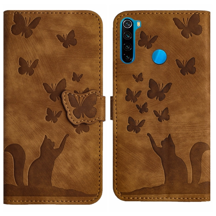 Brown flip phone case with embossed butterflies and cat silhouette, snap closure