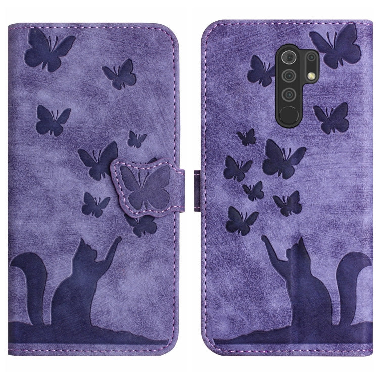 Purple flip phone case with embossed butterflies and cat silhouette, snap closure