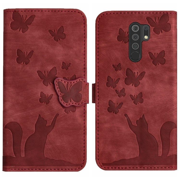 Red flip phone case with embossed butterflies and cat silhouette, snap closure