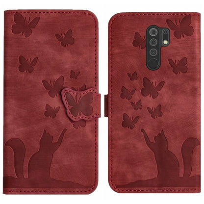 Red flip phone case with embossed butterflies and cat silhouette, snap closure