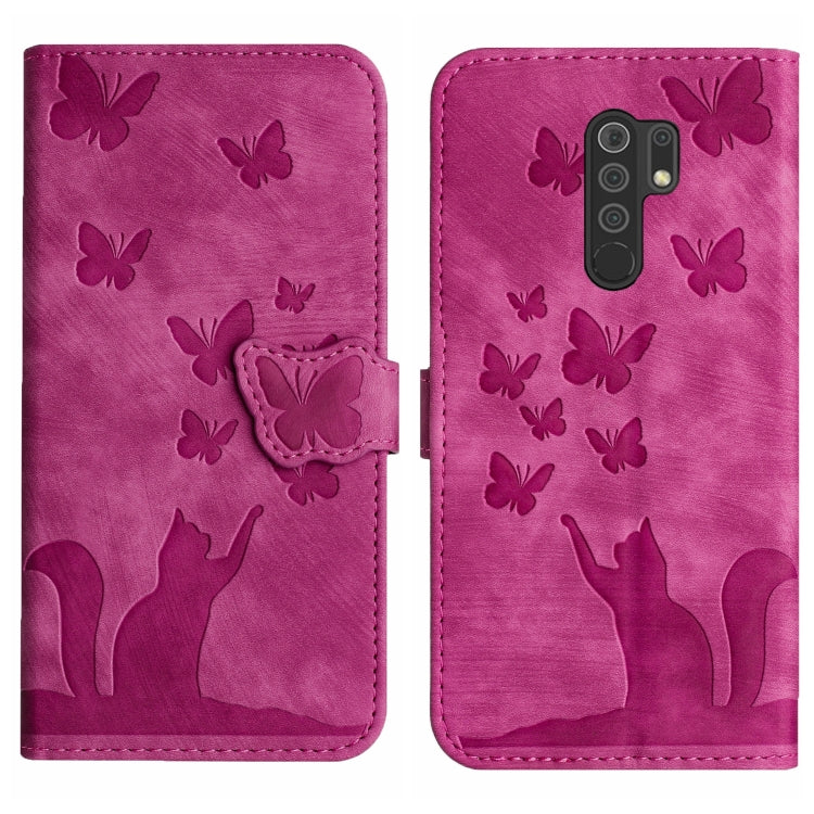 Pink flip phone case with embossed butterflies and cat silhouette, snap closure