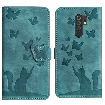 Teal flip phone case with embossed butterflies and cat silhouette, snap closure