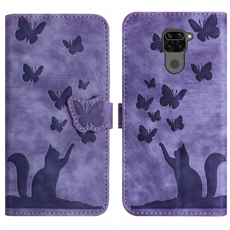 Purple leather wallet-style phone case, embossed butterflies and cat silhouette; flip front