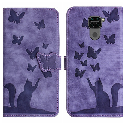 Purple leather wallet-style phone case, embossed butterflies and cat silhouette; flip front