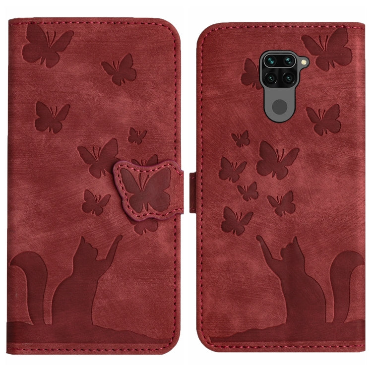 Red leather wallet-style phone case, embossed butterflies and cat silhouette; flip front