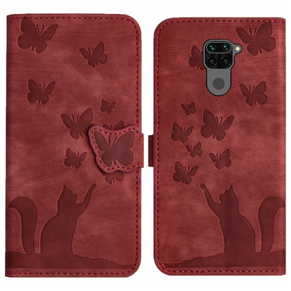 Red leather wallet-style phone case, embossed butterflies and cat silhouette; flip front