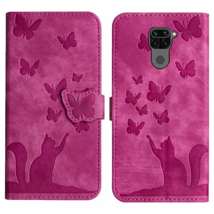 Pink leather wallet-style phone case, embossed butterflies and cat silhouette; flip front