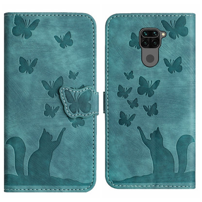 Teal leather wallet-style phone case, embossed butterflies and cat silhouette; flip front