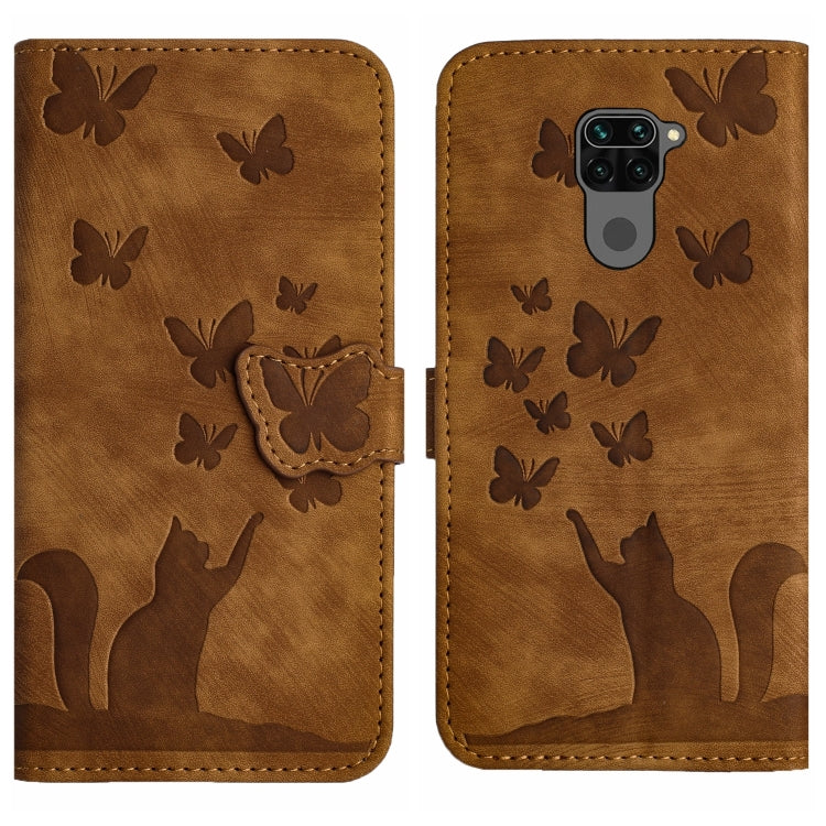 Brown butterfly and cat embossed flip leather phone case with magnetic flap.