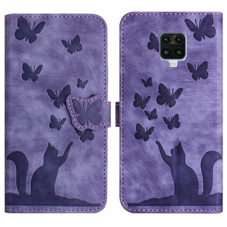 Purple butterfly and cat embossed flip leather phone case with magnetic flap.