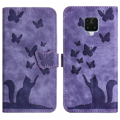 Purple butterfly and cat embossed flip leather phone case with magnetic flap.