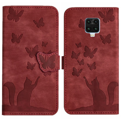 Red butterfly and cat embossed flip leather phone case with magnetic flap.