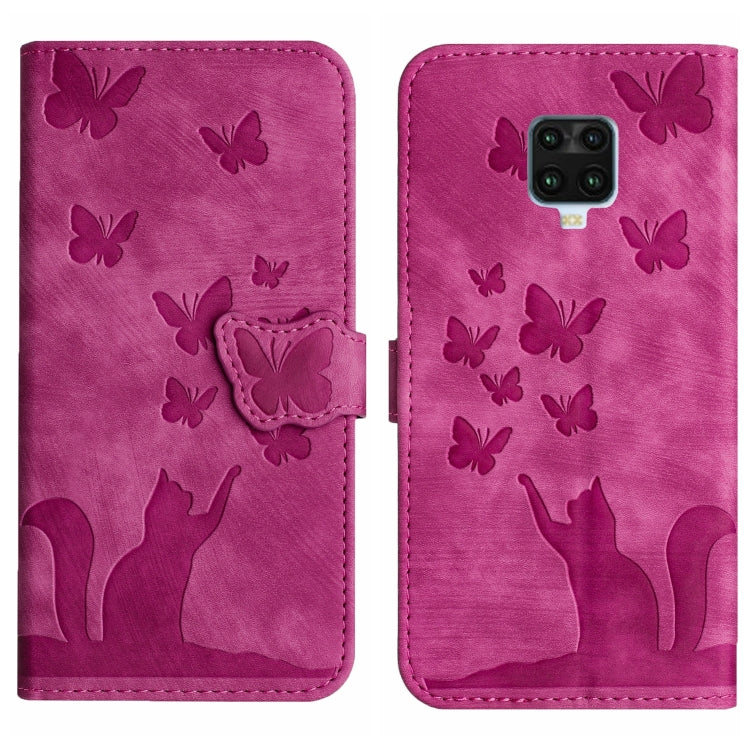 Pink butterfly and cat embossed flip leather phone case with magnetic flap.