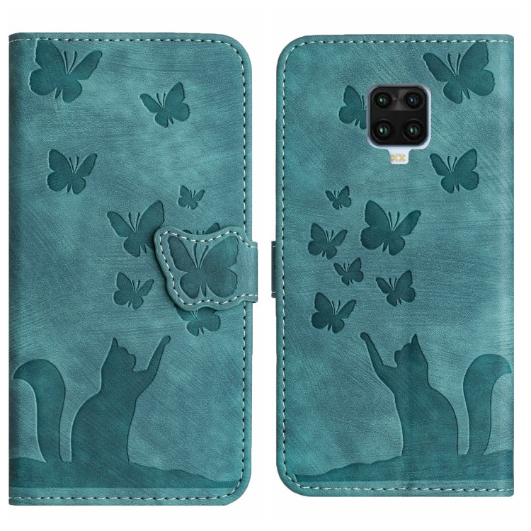 Teal butterfly and cat embossed flip leather phone case with magnetic flap.