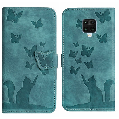 Teal butterfly and cat embossed flip leather phone case with magnetic flap.